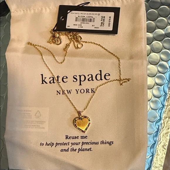 kate spade Gold Heart Pendant Necklace with Multicolor Stone Border - Picture 3 of 4